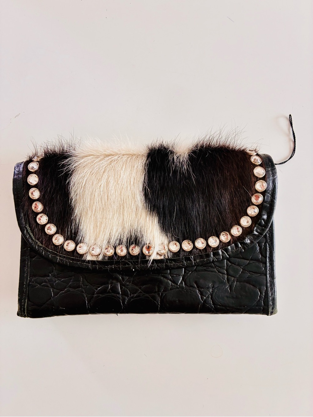 Raviani Embossed Croc Leather Wallet  Black & White Haircalf and Crystal Trim